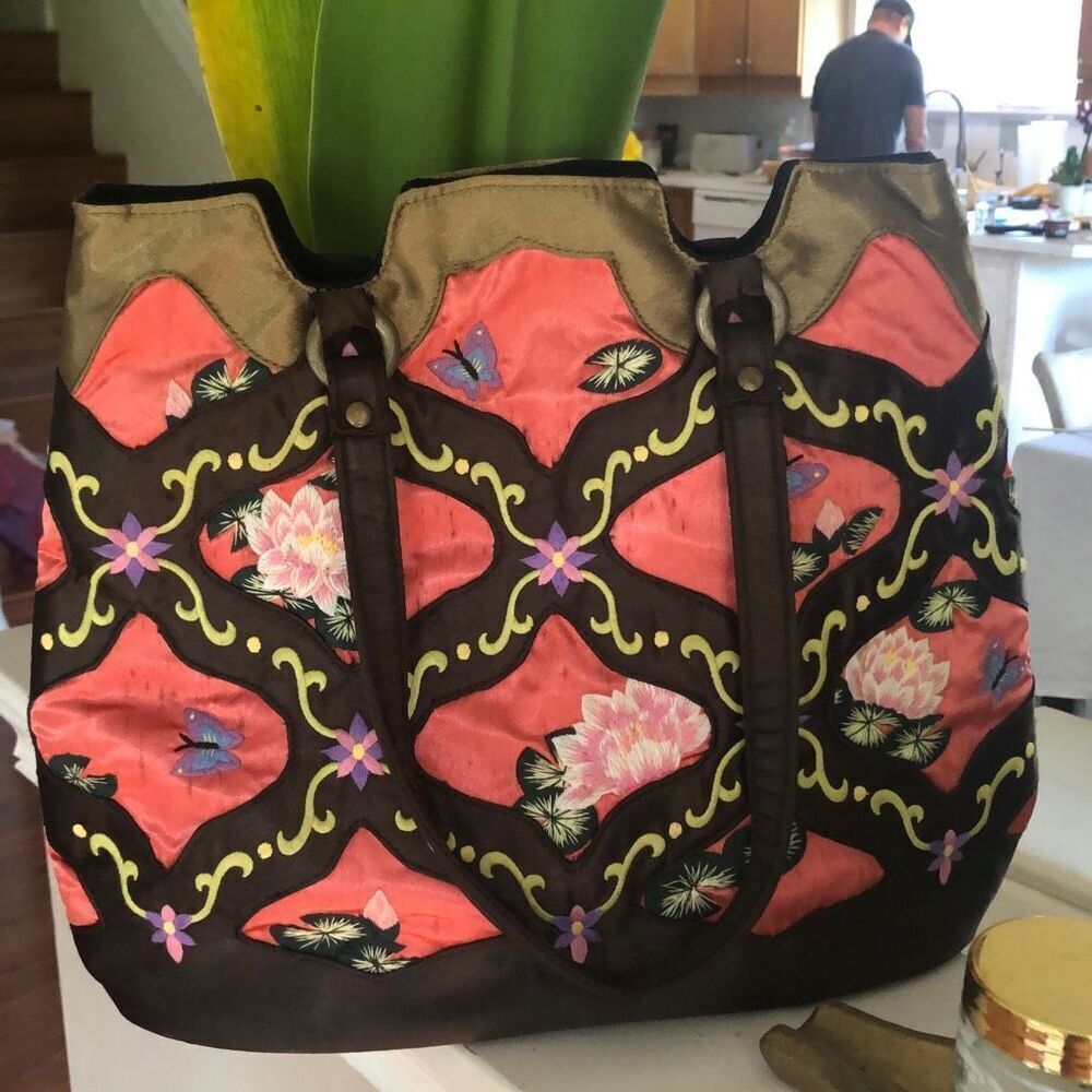 Vintage Papillon ￼ Embroidered handbag butterfly, lily pad ￼